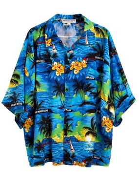 Jamaican Tropical Palm Tree Print Button-Up Beach Shirt – Plus Size 3X GUC